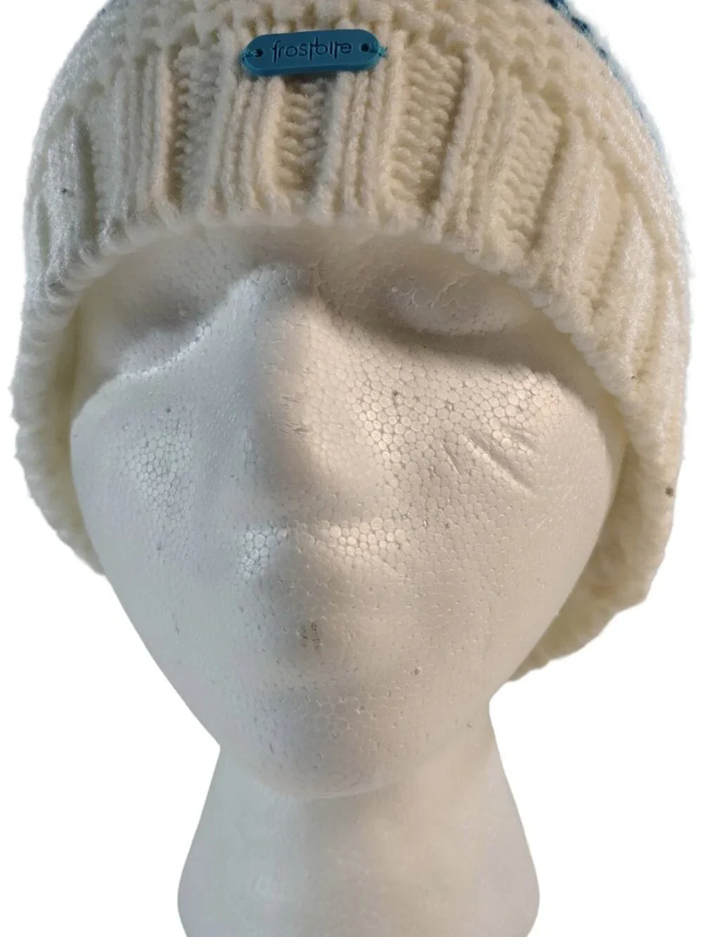 Unisex White & Teal Heavy Woven Wool Frostbite Branded Winter Beanie